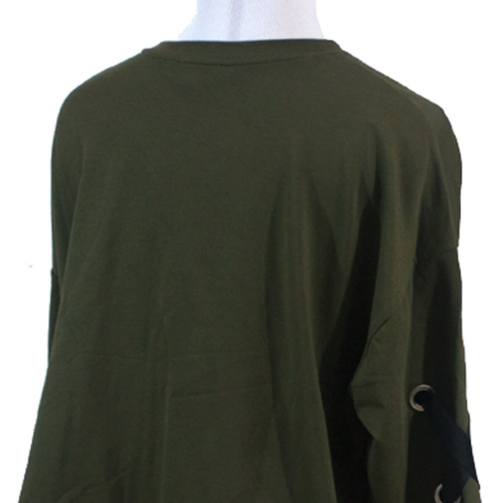French Terry Lace-Up Green Long Sleeve Sweater - Picture 6 of 9